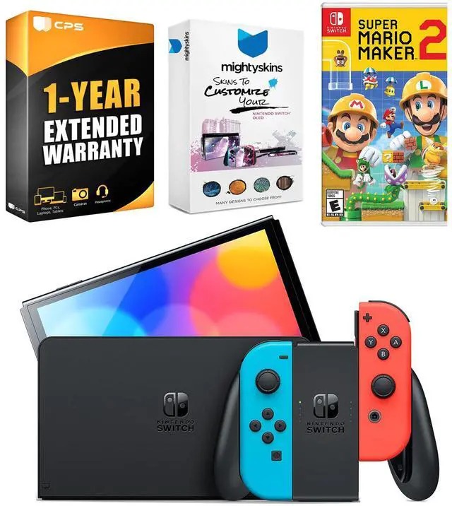 Main image of Nintendo Switch Neon Red & Blue OLED Console with Mario Maker 2, MightySkins Console and Controller Skin Voucher, and 1 Year CPS Extended Warranty