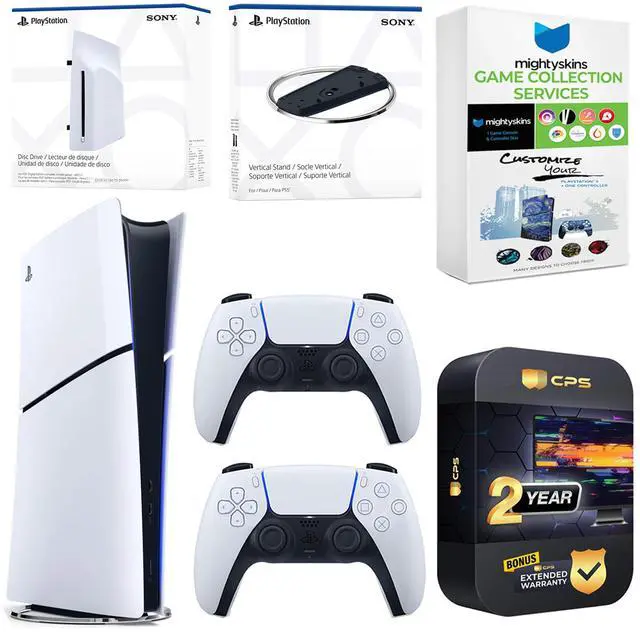 Main image of Sony PlayStation 5 Slim Digital Bundle with Disc Drive, Extra Controller, Vertical Stand, MightySkins Game Collection Services and 2 Year Extended Warranty - Glacier White