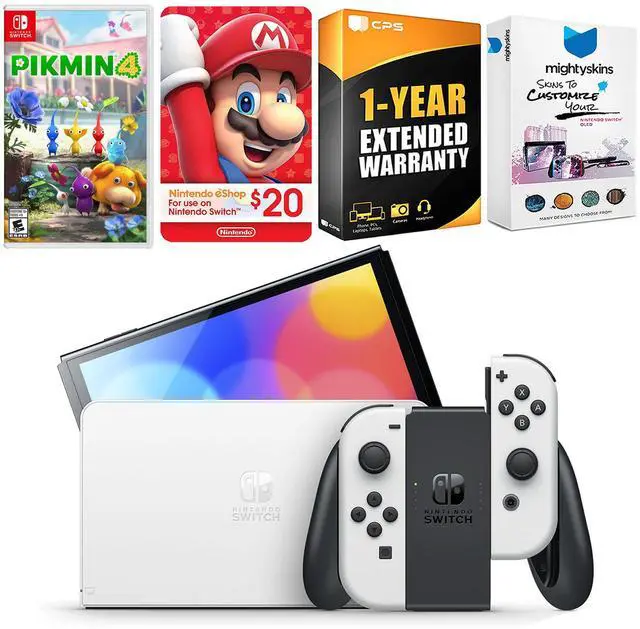 Main image of Nintendo Switch White OLED Console with Pikmin 4, Nintendo $20 eShop Gift Card, MightySkins Console and Controller Skin Voucher, and 1 Year CPS Extended Warranty