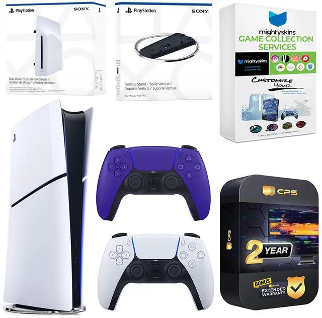 Main image of Sony PlayStation 5 Slim Digital Bundle with Disc Drive, Extra Controller, Vertical Stand, MightySkins Game Collection Services and 2 Year Extended Warranty - Galactic Purple