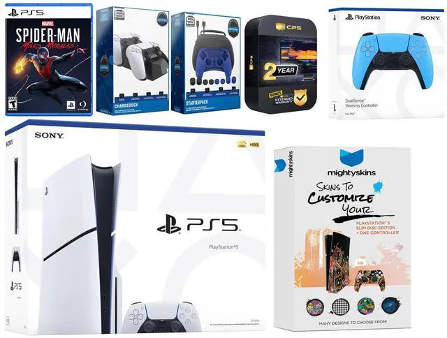 Main image of Sony Playstation 5 Slim Disc with Spider-Man: Miles Morales, Extra Starlight Blue Controller, Gamer Kit, Charge Dock and MightySkins Decal Voucher + 2 Year CPS Extended Warranty