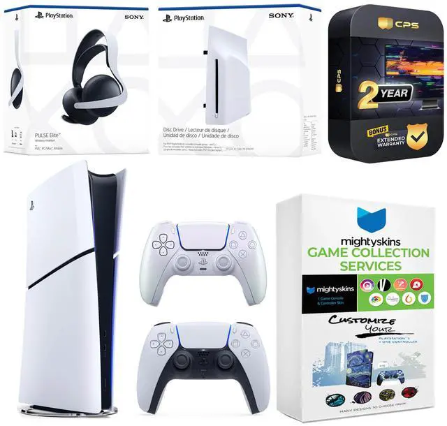 Main image of Sony PlayStation 5 Slim Digital Bundle with Disc Drive, Extra Controller, Pulse Elite Headset, MightySkins Game Collection and 2 Year Extended Warranty - Chroma Pearl