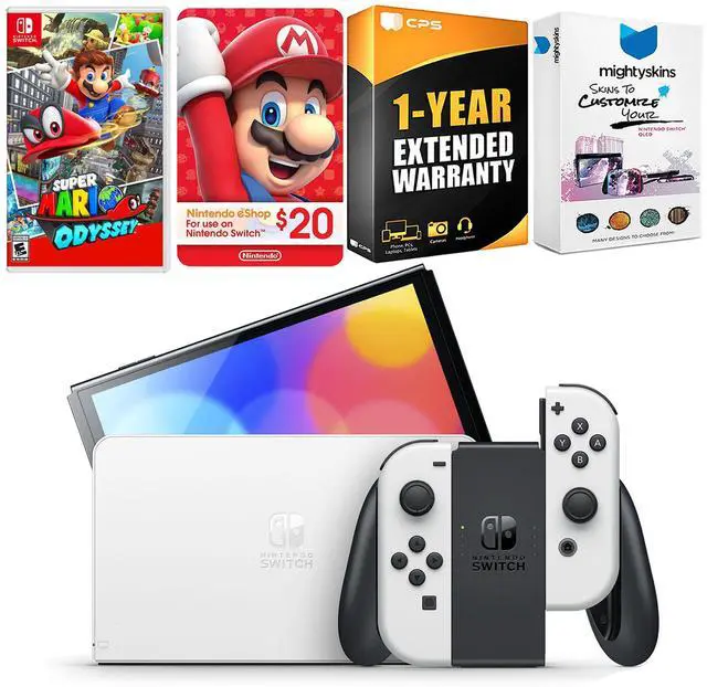 Main image of Nintendo Switch White OLED Console with Super Mario Odyssey, Nintendo $20 eShop Gift Card, MightySkins Console and Controller Skin Voucher, and 1 Year CPS Extended Warranty