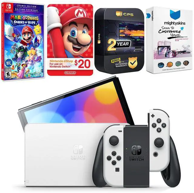 Main image of Nintendo Switch White OLED Console with Mario + Rabbids Sparks of Hope Cosmic Edition, Nintendo $20 eShop Gift Card, MightySkins Console and Controller Skin Voucher, and 2 Year CPS Extended Warranty