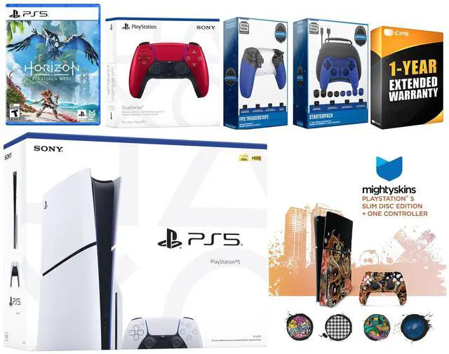 Main image of Sony Playstation 5 Slim Disc with Horizon Forbidden West, Extra Volcanic Red Controller, Gamer Kit, Trigger Kit and MightySkins Decal Voucher + 1 Year CPS Extended Warranty