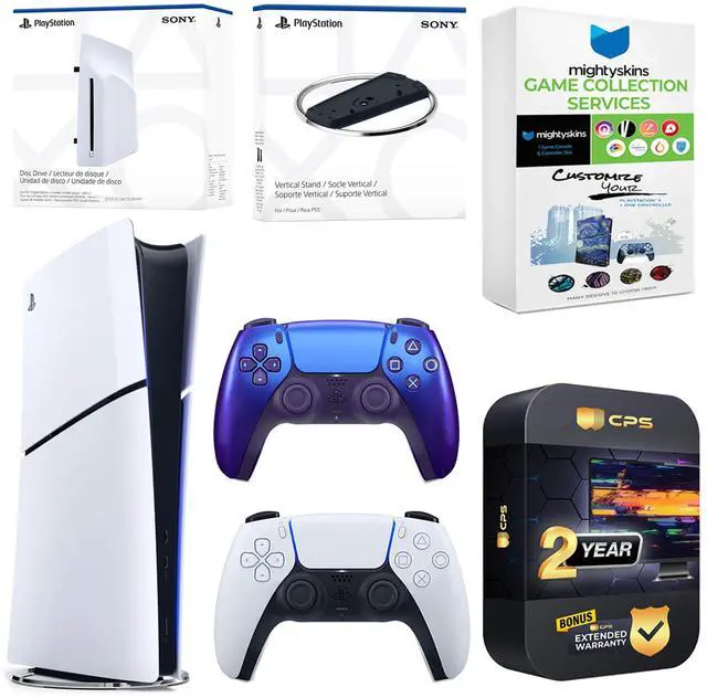 Main image of Sony PlayStation 5 Slim Digital Bundle with Disc Drive, Extra Controller, Vertical Stand, MightySkins Game Collection Services and 2 Year Extended Warranty - Chroma Indigo