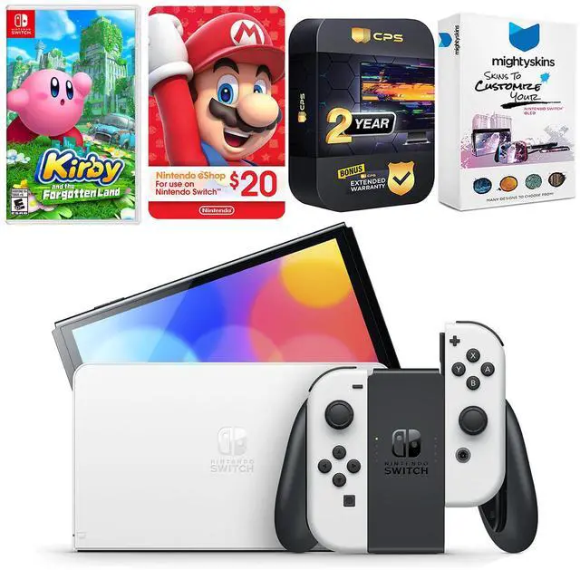 Main image of Nintendo Switch White OLED Console with Mario Kart 8 Deluxe, MightySkins Console and Controller Skin Voucher, and 1 Year CPS Extended Warranty