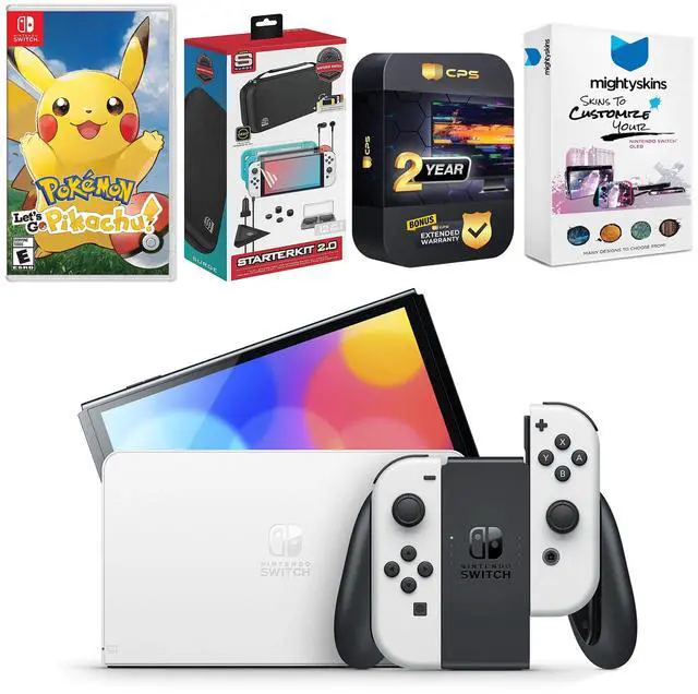 Main image of Nintendo Switch White OLED Console with Pokemon Let's Go, Pikachu!, Surge Accessory Gaming Kit, MightySkins Console and Controller Skin Voucher, and 2 Year CPS Extended Warranty