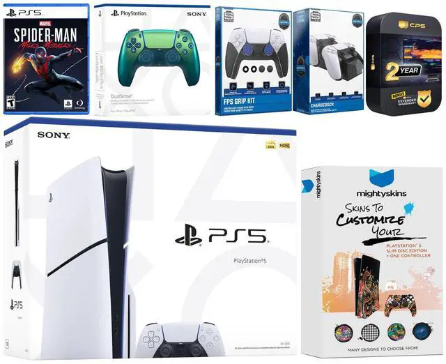 Main image of Sony Playstation 5 Slim Disc with Spider-Man: Miles Morales, Extra Chroma Teal Controller, FPS Grip Kit, Charge Dock and MightySkins Decal Voucher + 2 Year CPS Extended Warranty