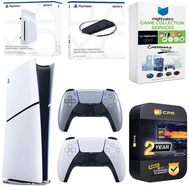 Main image of Sony PlayStation 5 Slim Digital Bundle with Disc Drive, Extra Controller, Vertical Stand, MightySkins Game Collection Services and 2 Year Extended Warranty - Sterling Silver