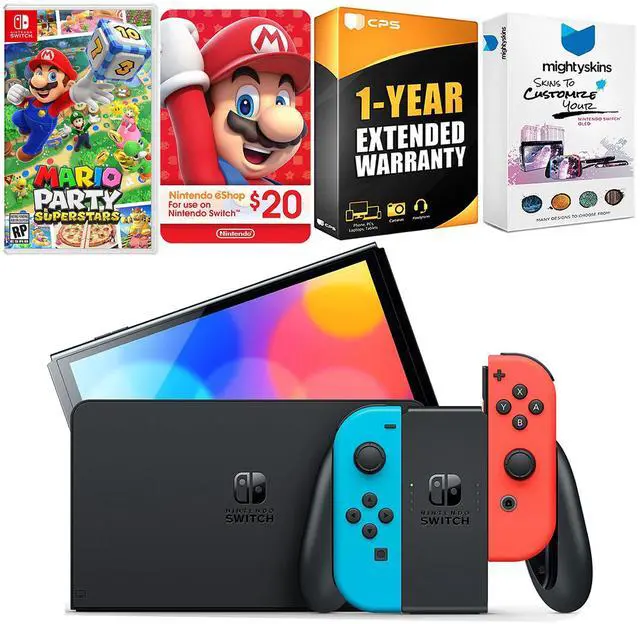 Main image of Nintendo Switch Neon Red & Blue OLED Console with Mario Party Superstars, Nintendo $20 eShop Gift Card, MightySkins Console and Controller Skin Voucher and 1 Year CPS Extended Warranty