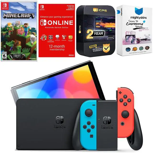 Main image of Nintendo Switch Neon Red & Blue OLED Console with Minecraft: Switch Edition, NSO 12 Month Family Membership, MightySkins Console and Controller Skin Voucher and 2 Year CPS Extended Warranty