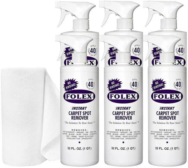 Main image of FOLEX Instant Carpet Spot Remover 32 oz Powerful Stain Remover for Carpets, Upholstery & Rugs Eliminates Pet Stains, Grease, Red Wine, Food, Makeup & More With Reusable Cleaning Cloth 6 Pack