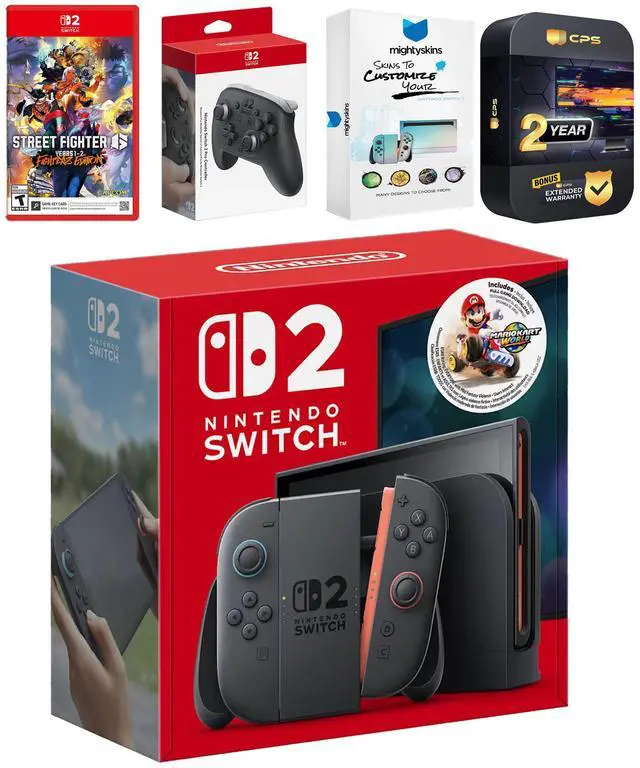 Main image of Nintendo Switch 2 + Mario Kart World Bundle with Street Fighter 6, Pro Controller, MightySkins Code and 2 CPS Year Extended Warranty