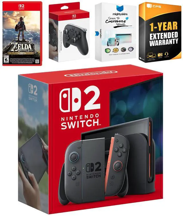 Main image of Nintendo Switch 2 Console with Zelda Breath of the Wild, Pro Controller, MightySkins Code and 1 CPS Year Extended Warranty