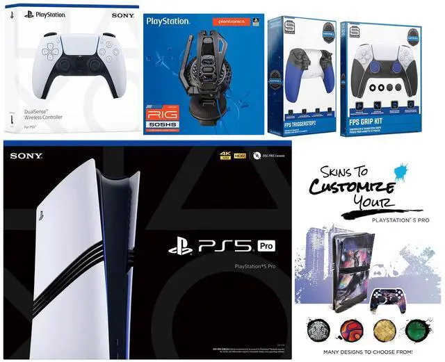Main image of Sony Playstation 5 Pro Bundle with Extra White Controller, Plantronics Headset, Trigger Stop Kit, FPS Grip Kit and MightySkins Decal Voucher Plus 1 Year CPS Extended Warranty
