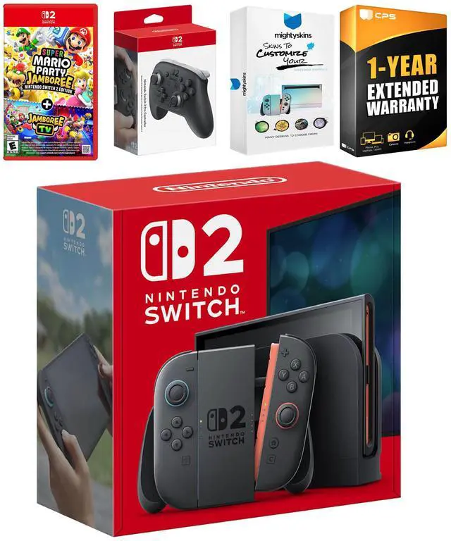 Main image of Nintendo Switch 2 Console with Super Mario Party Jamboree, Pro Controller, MightySkins Code and 1 CPS Year Extended Warranty
