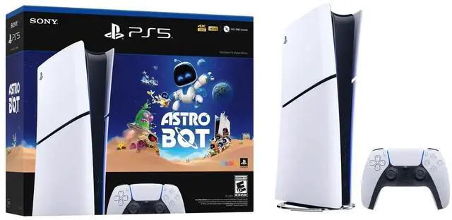 Alt view image 2 of 7 - Sony PlayStation 5 Astro Bot Slim Digital Bundle with Disc Drive, Extra Controller, MightySkins Voucher and 2 Year Extended Warranty - Glacier White