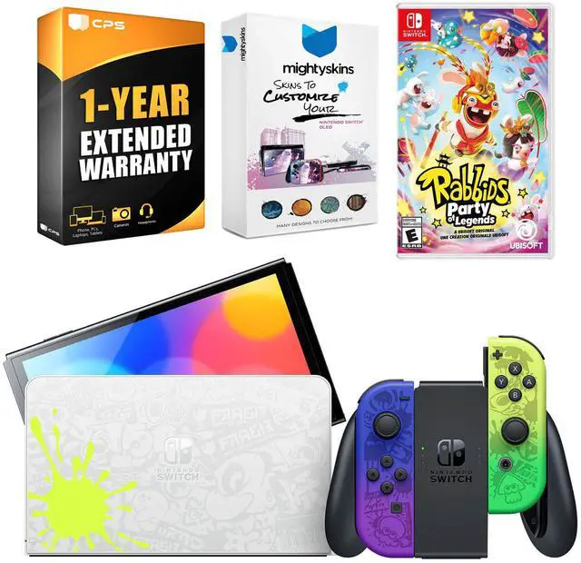 Main image of Nintendo Switch OLED Console Splatoon 3 Special Edition with Rabbids: Party of Legends, MightySkins Console and Controller Skin Voucher and 1 Year CPS Extended Warranty