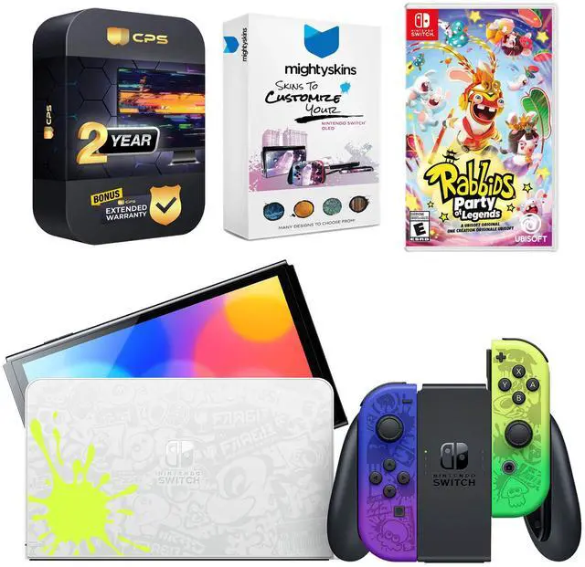 Main image of Nintendo Switch OLED Console Splatoon 3 Special Edition with Rabbids: Party of Legends, MightySkins Console and Controller Skin Voucher and 2 Year CPS Extended Warranty