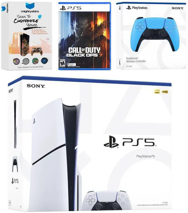 Main image of Sony PlayStation 5 Slim Disc Bundle with Call of Duty Black Ops 7 Game, MightySkins Code and Extra Controller - Starlight Blue