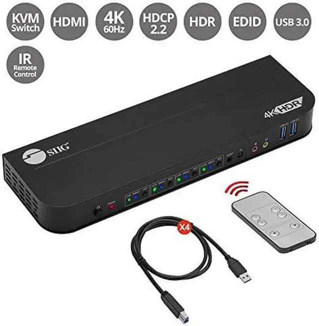 Alt view image 2 of 14 - SIIG 4-Port 4K KVM Switch HDMI with Remote Control, 1x HDMI Output, 2X USB 3.2 Type-A Ports, EDID Bypass, Compatible with Windows and Mac (CE-KV0F11-S1)