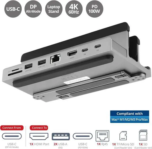 Alt view image 14 of 19 - SIIG USB-C Laptop Stand W/ 4K Docking Station - Unique multitasks design for foldable holder and vertical Laptop stand & Docking station - HDMI 4K@60Hz display - Two USB-A 5Gbps - Gigabit Ethernet