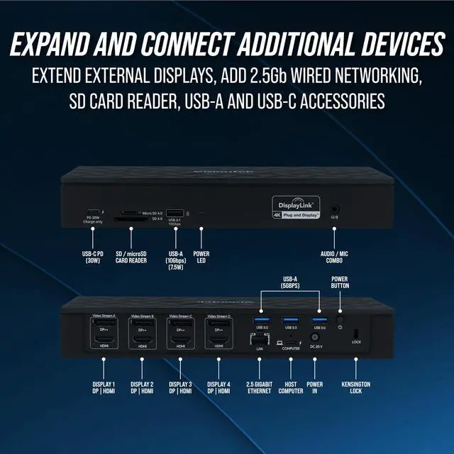 Alt view image 18 of 20 - VisionTek VT8000 Quad Display 4k USB 3.0 & USB-C Docking Station with 100W Power Delivery - for Notebook - 100 W - USB Type C - 4 Displays Supported - 4K - 4096 x 2160 - 4 x USB 3.0 - USB Type-C ...