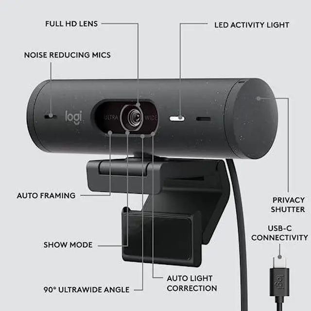 Alt view image 9 of 10 - Logitech BRIO 505 Webcam - 4 Megapixel - 60 fps - Graphite - USB Type C - 1920 x 1080 Video - Auto-focus - 4x Digital Zoom - Microphone - Notebook, Display Screen, Monitor