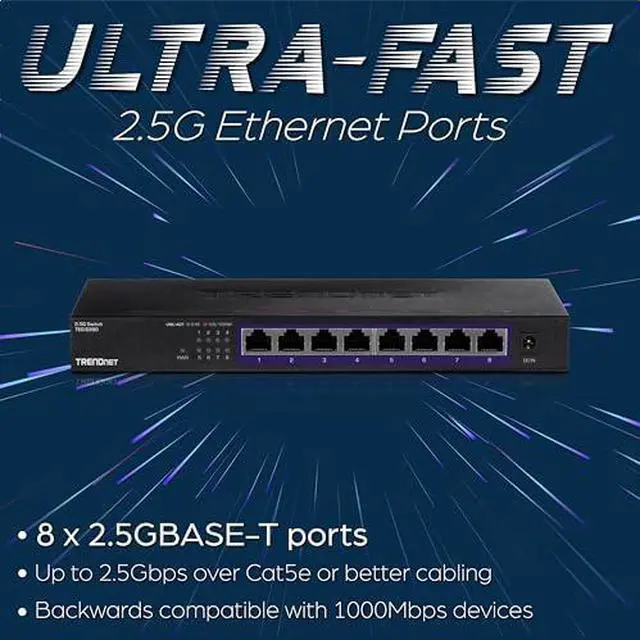 Alt view image 13 of 13 - TRENDnet 8-Port Unmanaged 2.5G PoE+ Switch, Fanless, Compact Desktop Design, Metal Housing, 2.5GBASE-T Ports, IEEE 802.3bz, 100W PoE Budget, Black,Lifetime Protection,TPE-TG380