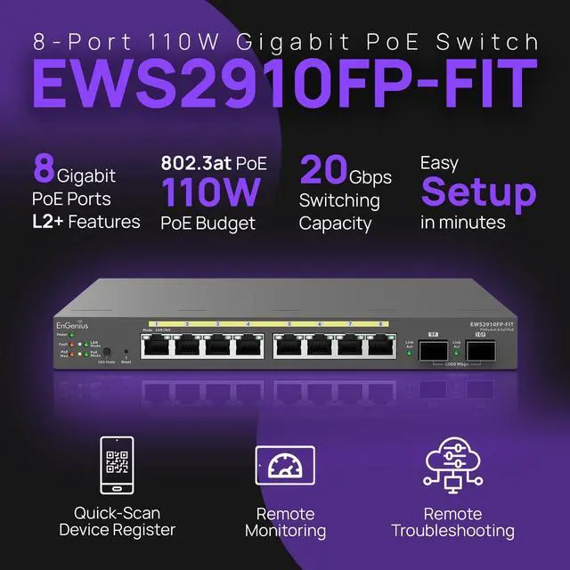 Alt view image 5 of 9 - EnGenius Fit Gigabit 8-Port 110W PoE+ Switch w/2 SFP Ports EWS2910FP-FIT
