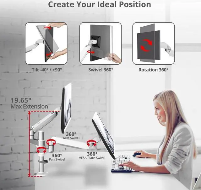 Alt view image 6 of 12 - SIIG MTPRO Dual Monitor Arm Desk Mount, Fully Adjustable Mechanical Spring Design, up to 32" Display, Max 19.8 lbs per arm, VESA 75/100mm, Cable Management, BIFMA and TAA Compliant