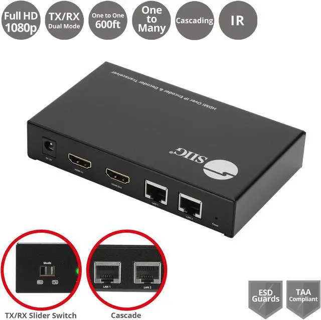 Alt view image 2 of 15 - SIIG HDMI Over IP Encoder & Decoder Transceiver - TX/RX Mode Switching, Cascading, 1080p, One to One 600ft, One to Many, Many to Many via VLAN, 2X RJ45, TAA Compliant (CE-H27P11-S1)