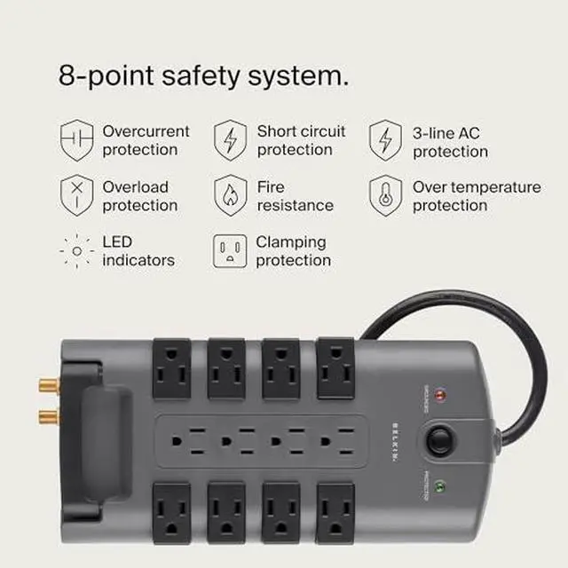 Alt view image 4 of 7 - Belkin Surge Protector Power Strip w/ 8 Rotating & 4 Standard Outlets - 8ft Sturdy Extension Cord w/Flat Pivot Plug for Home, Office, Travel, Desktop & Charging Brick - 4320 Joules of Protection