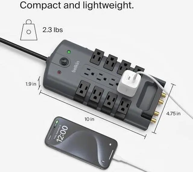 Alt view image 5 of 7 - Belkin Surge Protector Power Strip w/ 8 Rotating & 4 Standard Outlets - 8ft Sturdy Extension Cord w/Flat Pivot Plug for Home, Office, Travel, Desktop & Charging Brick - 4320 Joules of Protection