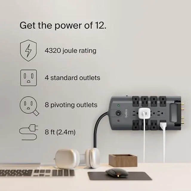Alt view image 3 of 7 - Belkin Surge Protector Power Strip w/ 8 Rotating & 4 Standard Outlets - 8ft Sturdy Extension Cord w/Flat Pivot Plug for Home, Office, Travel, Desktop & Charging Brick - 4320 Joules of Protection