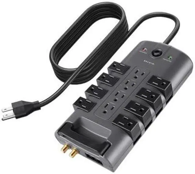 Alt view image 2 of 7 - Belkin Surge Protector Power Strip w/ 8 Rotating & 4 Standard Outlets - 8ft Sturdy Extension Cord w/Flat Pivot Plug for Home, Office, Travel, Desktop & Charging Brick - 4320 Joules of Protection