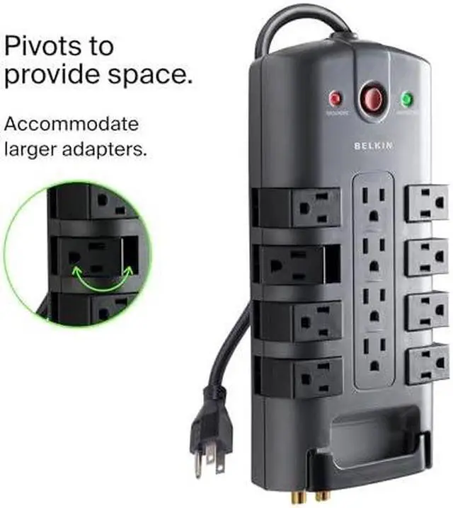 Alt view image 6 of 7 - Belkin Surge Protector Power Strip w/ 8 Rotating & 4 Standard Outlets - 8ft Sturdy Extension Cord w/Flat Pivot Plug for Home, Office, Travel, Desktop & Charging Brick - 4320 Joules of Protection