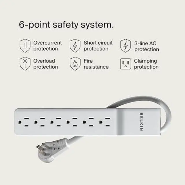 Alt view image 4 of 9 - Belkin 6-Outlet Surge Protector Power Strip, 6ft Cord, 360° Rotating Plug - 1080 Joules Protection