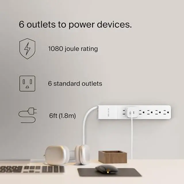 Alt view image 3 of 9 - Belkin 6-Outlet Surge Protector Power Strip, 6ft Cord, 360° Rotating Plug - 1080 Joules Protection