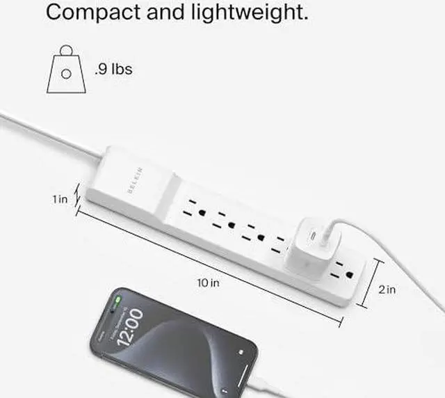 Alt view image 5 of 9 - Belkin 6-Outlet Surge Protector Power Strip, 6ft Cord, 360° Rotating Plug - 1080 Joules Protection