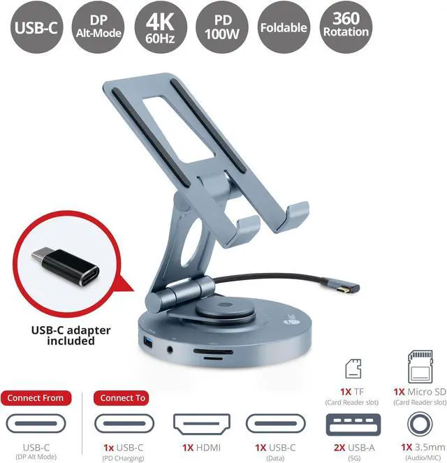 Alt view image 10 of 15 - SIIG USB-C Multitask Hub Stand Holder fits under 13" Tablets/Phones - 4K60Hz- PD100W - USB-C Hub Stand Holder fits under 13" Tablets/Phones - USB-C Docking Stand - HDMI 4K@60Hz display - 2x