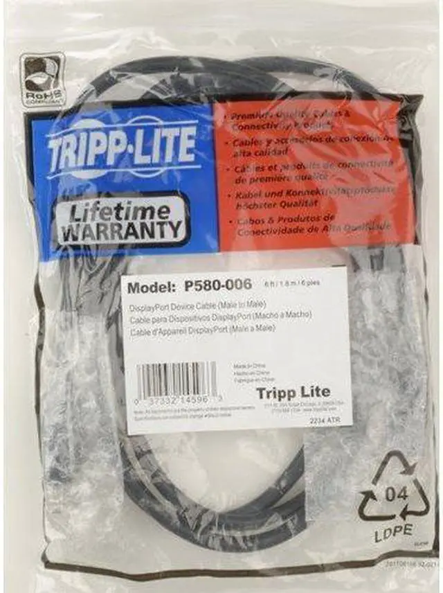 Alt view image 6 of 9 - Tripp Lite DisplayPort Cable with Latches (M/M), DP to DP, 1080p, 100-ft. (P580-100)