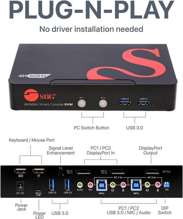 Alt view image 10 of 14 - SIIG CE-DP0F11-S1 2-Port DisplayPort 1.2 4K 60Hz KVM Switch with USB 3.0
