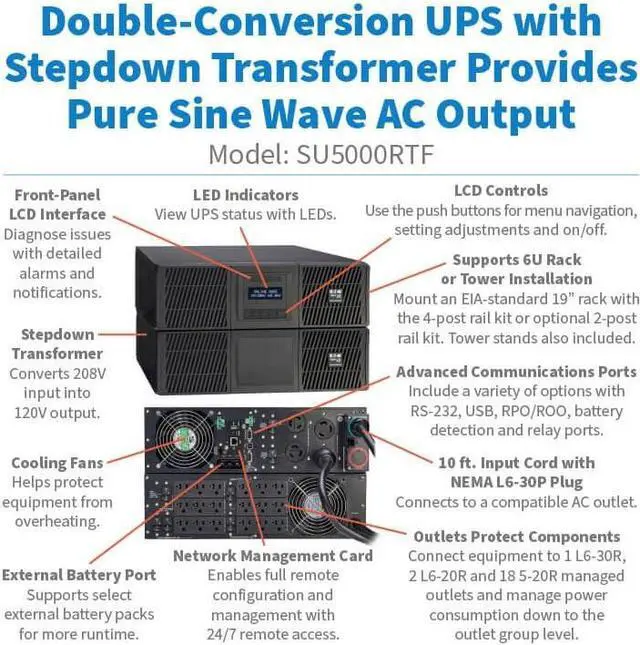 Alt view image 4 of 15 - Eaton Tripp Lite Series 5000VA & 6000VA UPS Battery Backup, 208V, 120V Stepdown Transformer & Maintenance Bypass Switch Accessory Options, AVR, Network Card, Extended Run (SU5-6KVA Series)