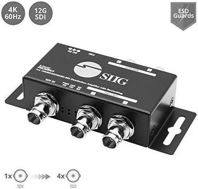 Alt view image 2 of 7 - SIIG 1x4 12G SDI Splitter, Distribution Amplifier, 4K60 12G/6G/3G/HD/SD-SDI, TAA Compliant, ESD Protection, Premium Metal Housing, Wall-mountable Design (CE-SD0G11-S1)