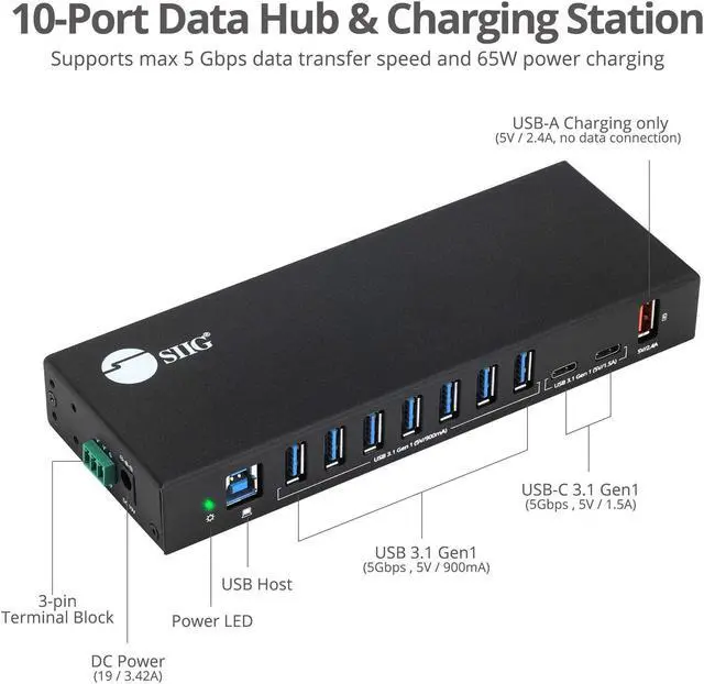 Alt view image 14 of 17 - SIIG AC IDUS0811S1 10PT Industrial USB Gen 1 Hub w Dual USBC  65W Charging