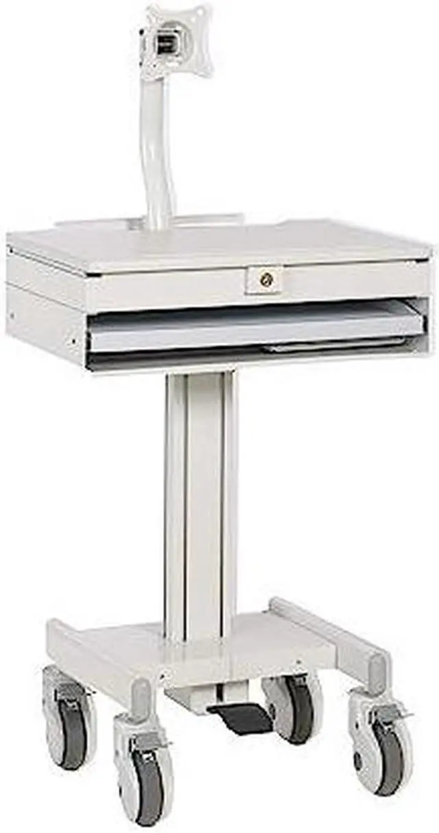Alt view image 2 of 8 - Tripp Lite Mobile Sit Stand Desk with Monitor Arm Eight Adjustable Small Rolling Laptop Cart Workstation, Locking Drawer, TAA Compliant, Home Office & School, 5-Year Warranty, White
