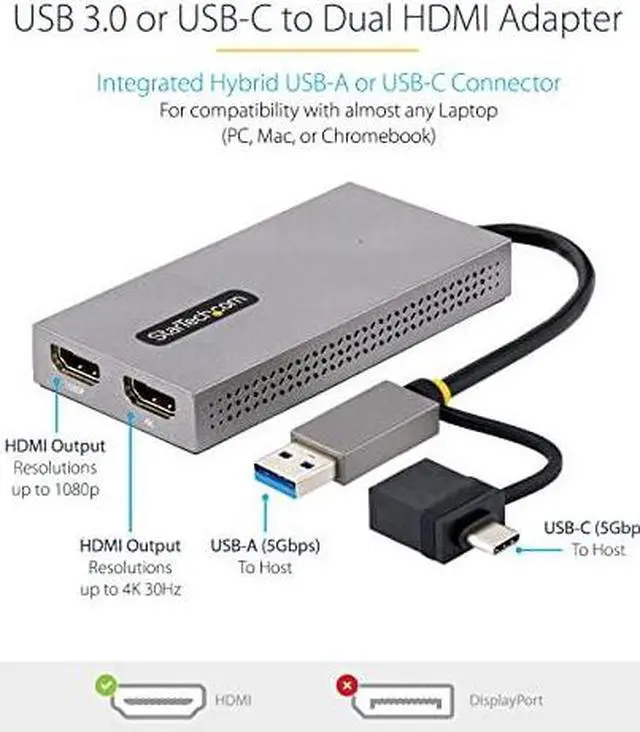 Alt view image 9 of 12 - StarTech.com USB to Dual HDMI Adapter, USB A/C to 2x HDMI Displays (1x 4K30Hz, 1x 1080p), Integrated USB-A to C Dongle, 4in/11cm Cable, USB 3.0 to HDMI Display Adapter, Windows & macOS