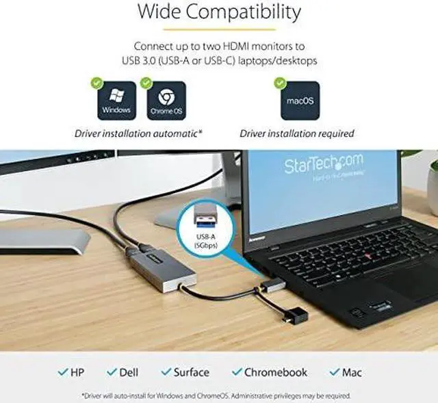 Alt view image 10 of 12 - StarTech.com USB to Dual HDMI Adapter, USB A/C to 2x HDMI Displays (1x 4K30Hz, 1x 1080p), Integrated USB-A to C Dongle, 4in/11cm Cable, USB 3.0 to HDMI Display Adapter, Windows & macOS